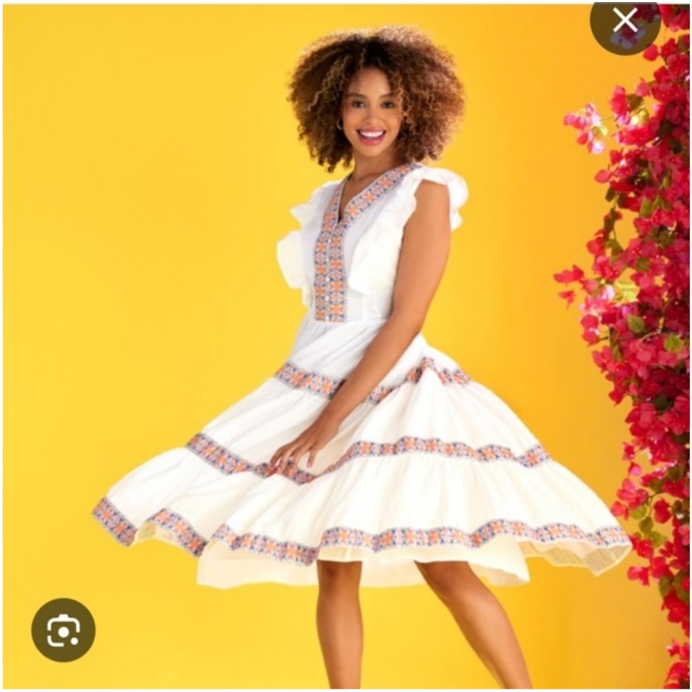 Disney Encanto Inspired Swiss Dot Midi Dress with Multicolored Embroidered Trim